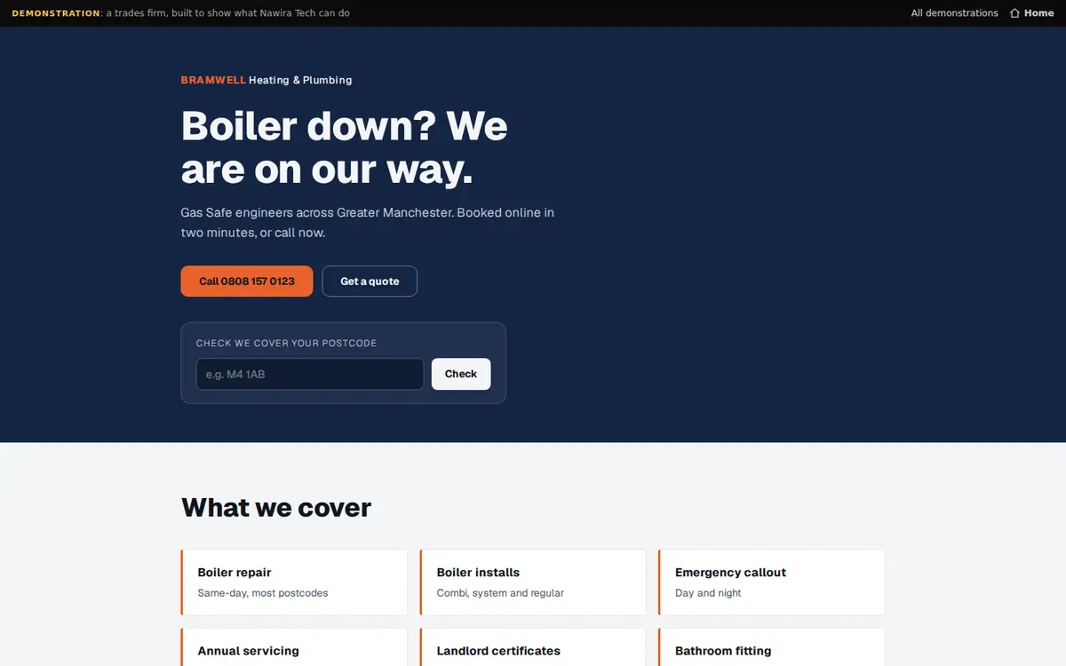 The Bramwell Heating and Plumbing demonstration site: a trades firm with a postcode checker