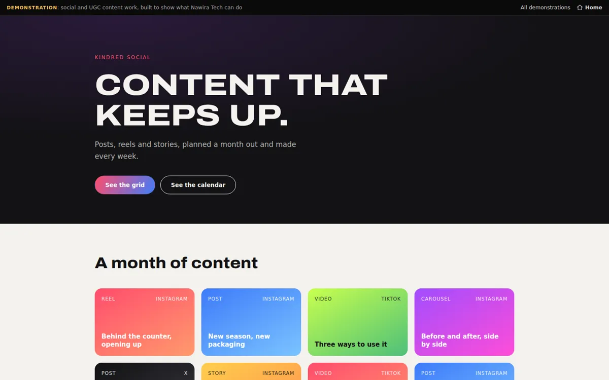 The Kindred Social demonstration: a grid of social posts and a content calendar